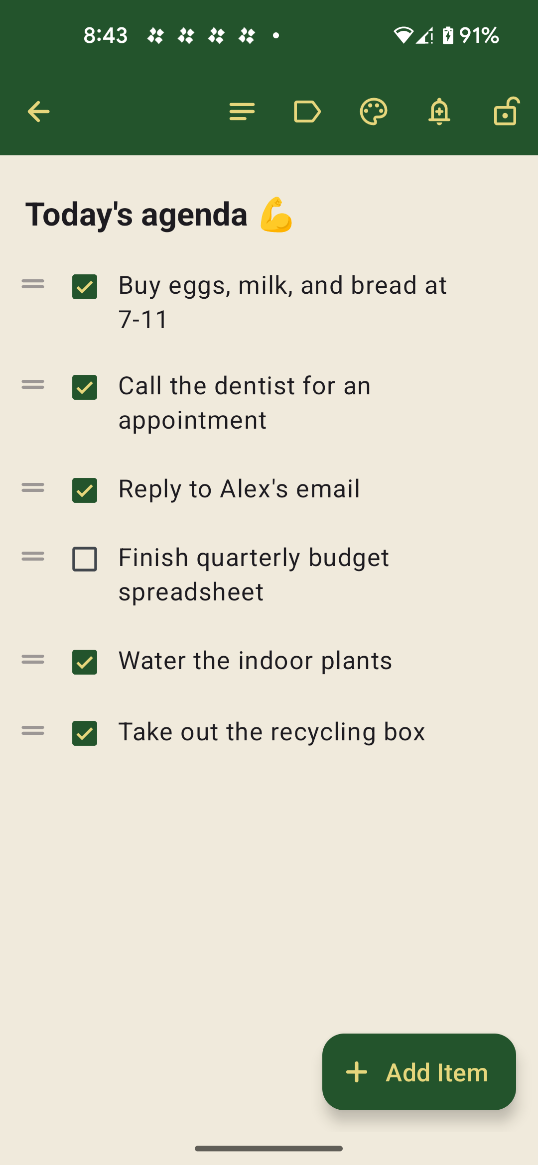 A mobile checklist titled "Today's agenda 💪" with five completed tasks—buy eggs, milk, and bread at 7-11; call the dentist; reply to Alex’s email; water the indoor plants; and take out the recycling box—and one unchecked task to finish the quarterly budget spreadsheet. An "Add Item" button appears at the bottom.