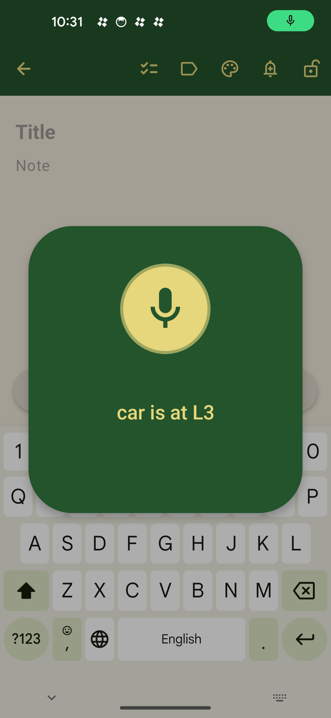 A screenshot of the Zoonote app displaying a speech-to-text voice transcription overlay. A green pop-up card features a microphone icon above the transcribed text "car is at L3," set against the app's note-taking interface and an on-screen keyboard