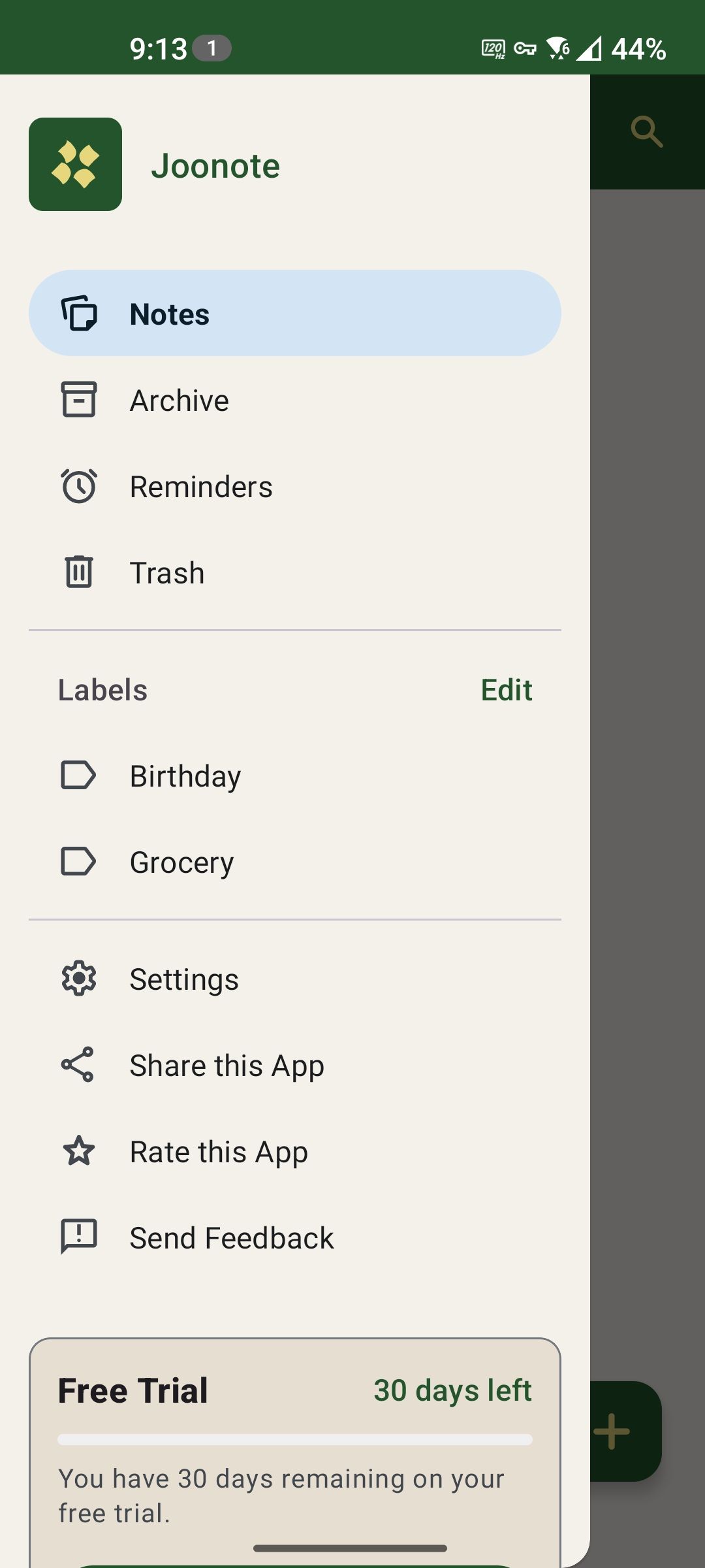A navigation drawer showing drawer items as different screens in Zoonote