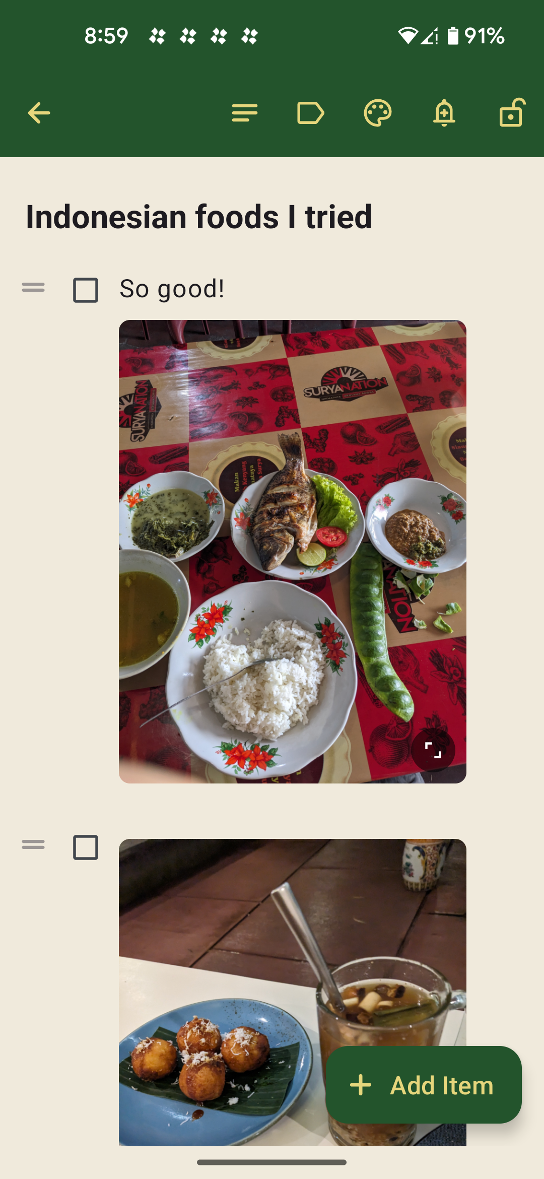 A note titled "Indonesian foods I tried" showing two food photos: a plate of grilled fish with rice and side dishes, and a plate of fried snacks beside a glass of iced dessert.