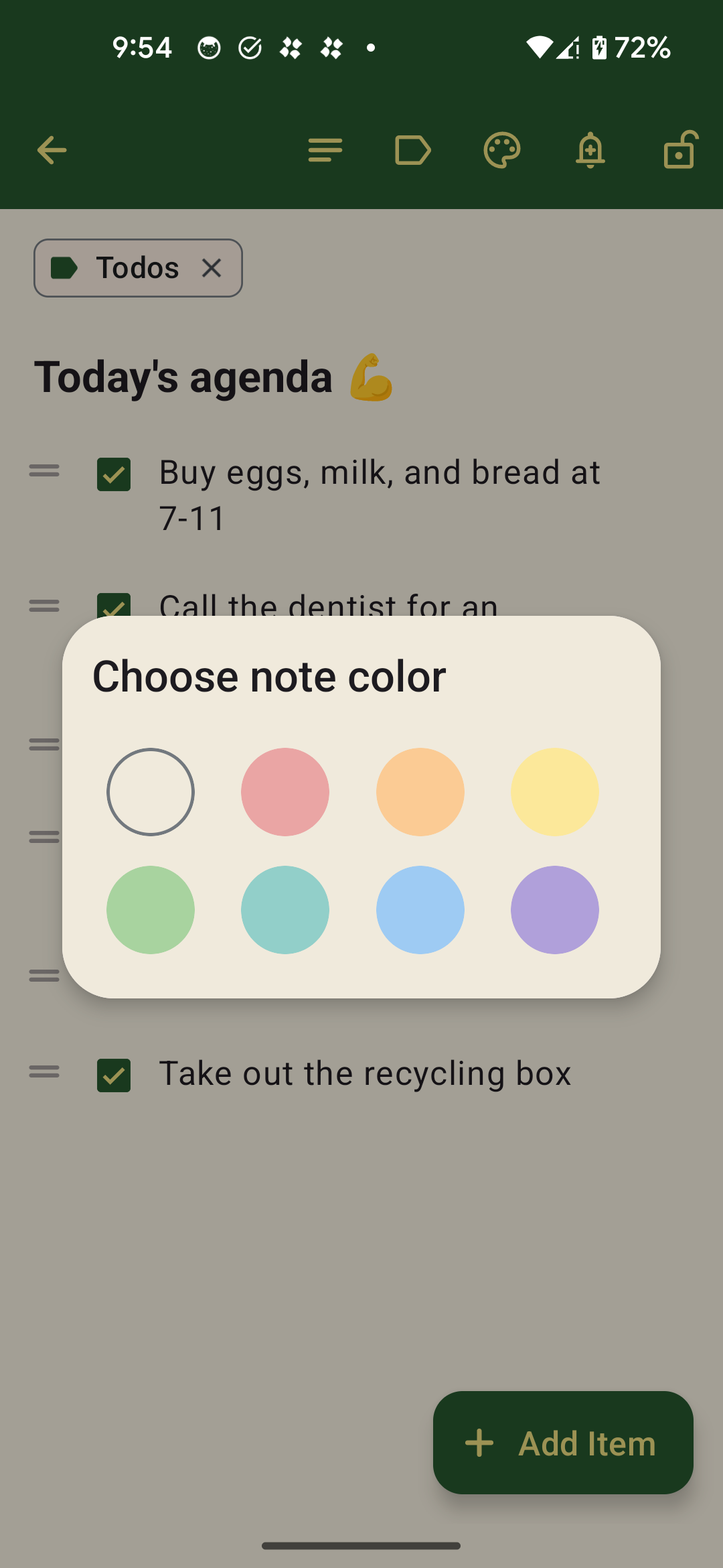 A screenshot of the Zoonote app on a phone. A "Choose note color" menu is open in the center, displaying a grid of eight circular color options: white, pink, peach, yellow, green, teal, light blue, and purple. In the background, a to-do list titled "Today's agenda 💪" is partially visible with the label "Todos". Completed tasks include buying groceries at 7-11, calling the dentist, and taking out the recycling box.