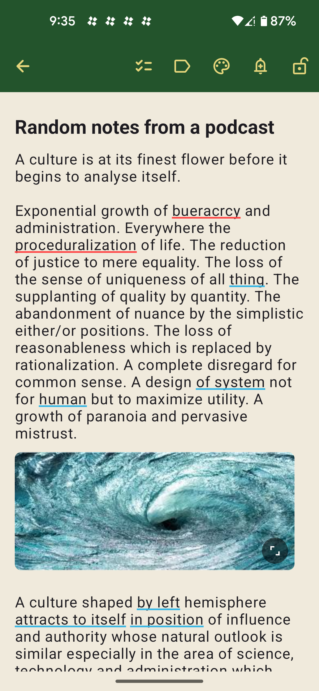 A screenshot of a mobile notes app titled "Random notes from a podcast," containing paragraphs of text about culture and bureaucracy, alongside an image of an ocean wave