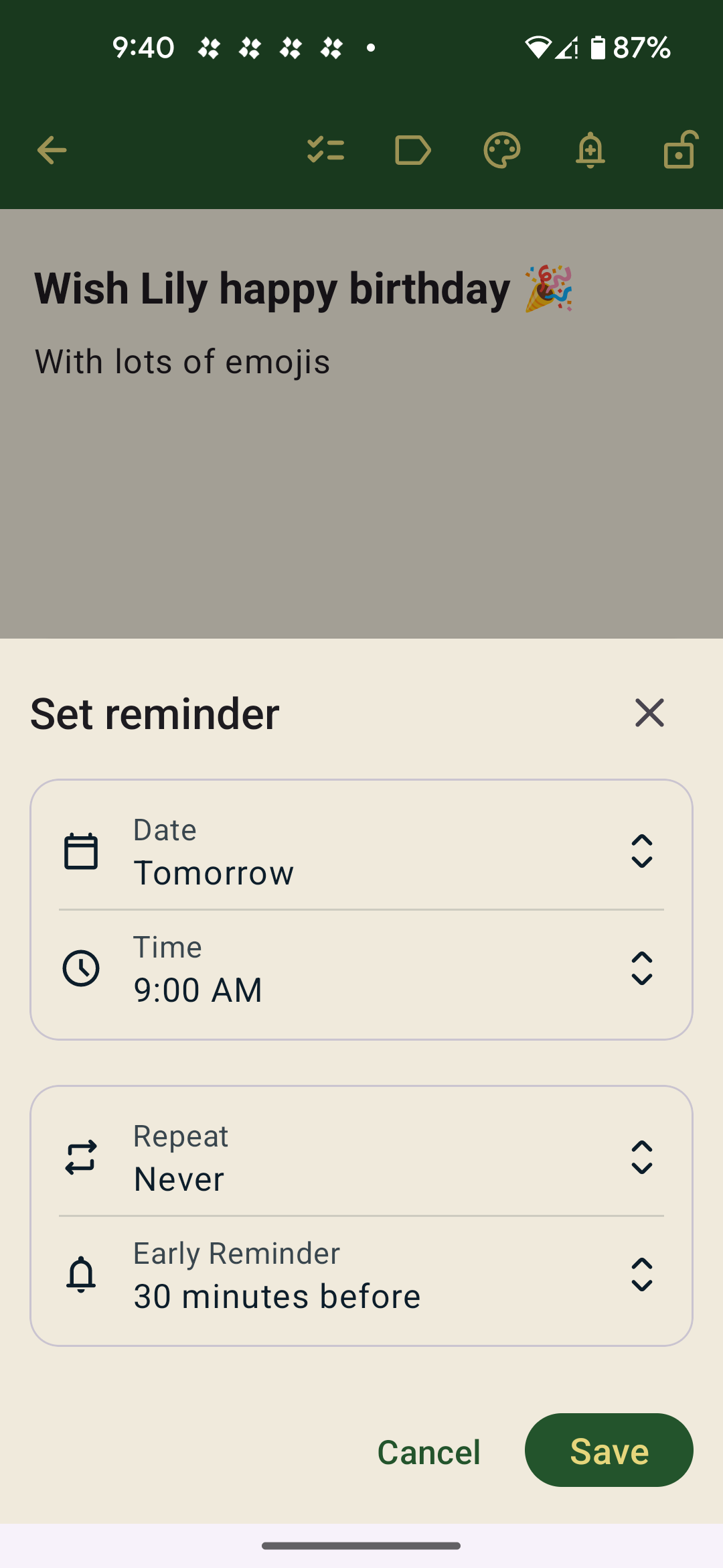 A screenshot of a mobile note-taking app interface showing a "Set reminder" menu. The note reads "Wish Lily happy birthday 🎉" with the text "With lots of emojis" underneath. The reminder settings are configured for "Tomorrow" at "9:00 AM," set to repeat "Never," with an "Early Reminder" set to "30 minutes before." At the bottom are "Cancel" and "Save" buttons.