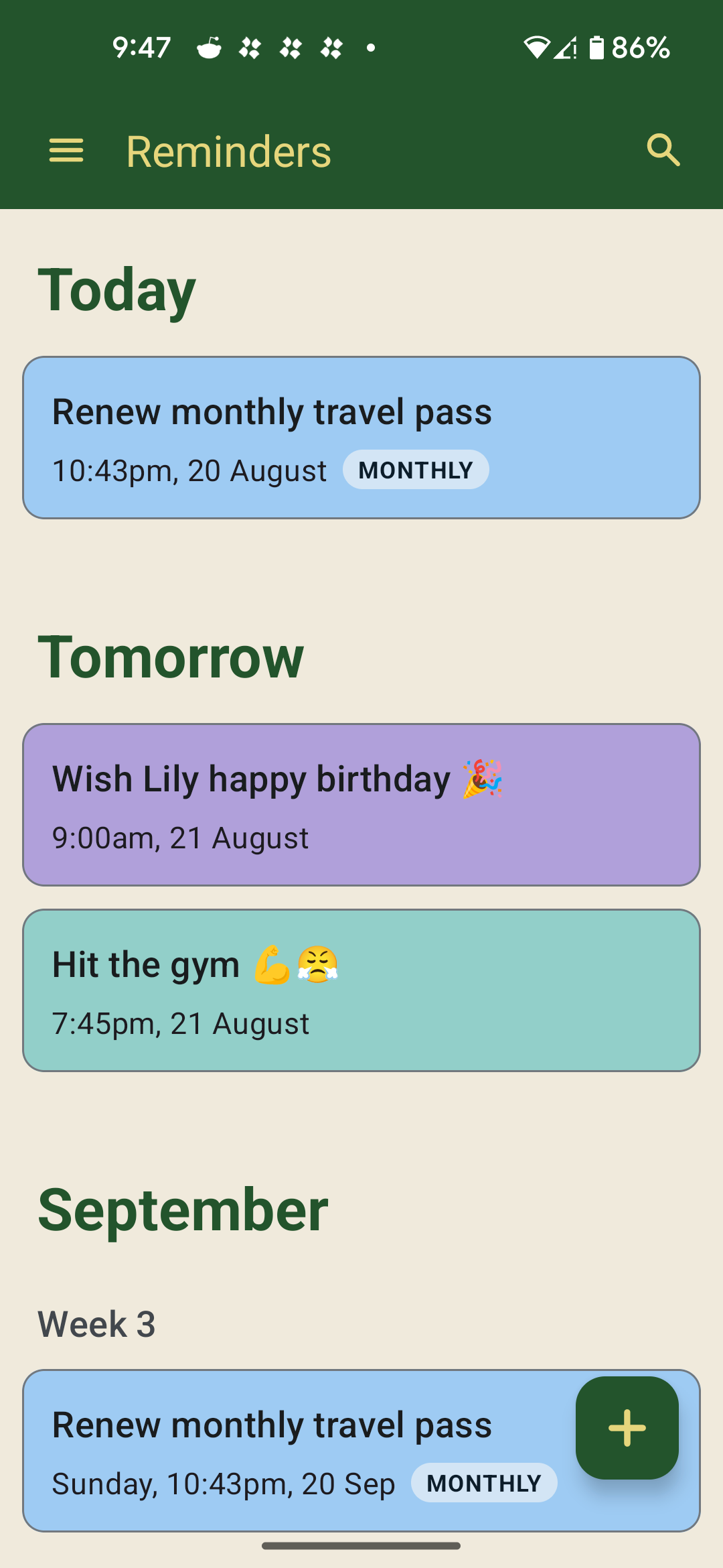 A screenshot of the Zoonote app interface displaying a "Reminders" list categorized by dates: "Today," "Tomorrow," and "September." Listed reminders include "Renew monthly travel pass," "Wish Lily happy birthday," and "Hit the gym," each with set times and custom color labels. A green floating action button with a plus icon is visible in the bottom right corner