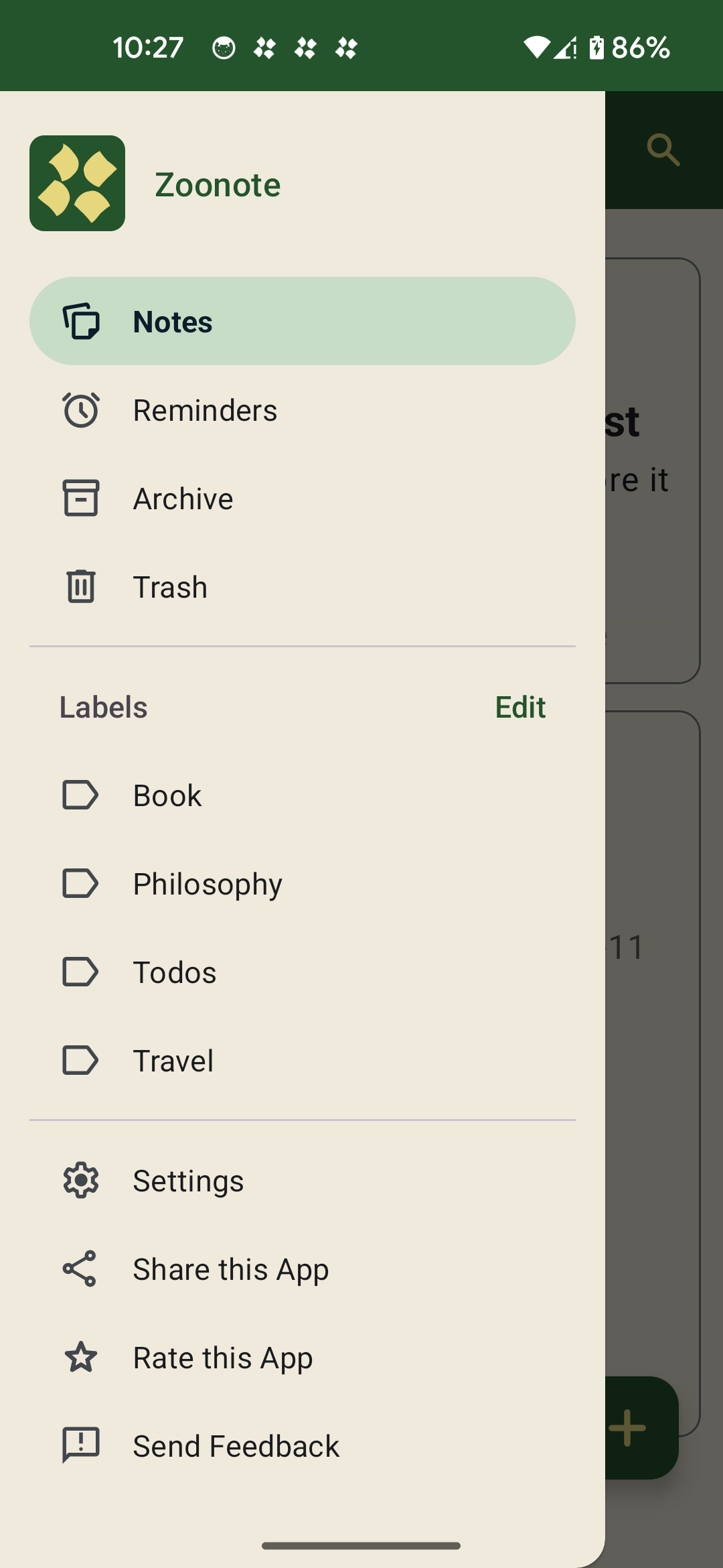 A screenshot of the Zoonote app navigation drawer (sidebar) open against a light background. The top displays the app's logo and "Zoonote" text, followed by main navigation links: "Notes" (currently highlighted), "Reminders," "Archive," and "Trash." Below that is a "Labels" section with options for "Book," "Philosophy," "Todos," and "Travel," alongside an "Edit" button. At the bottom are utility options including "Settings," "Share this App," "Rate this App," and "Send Feedback."